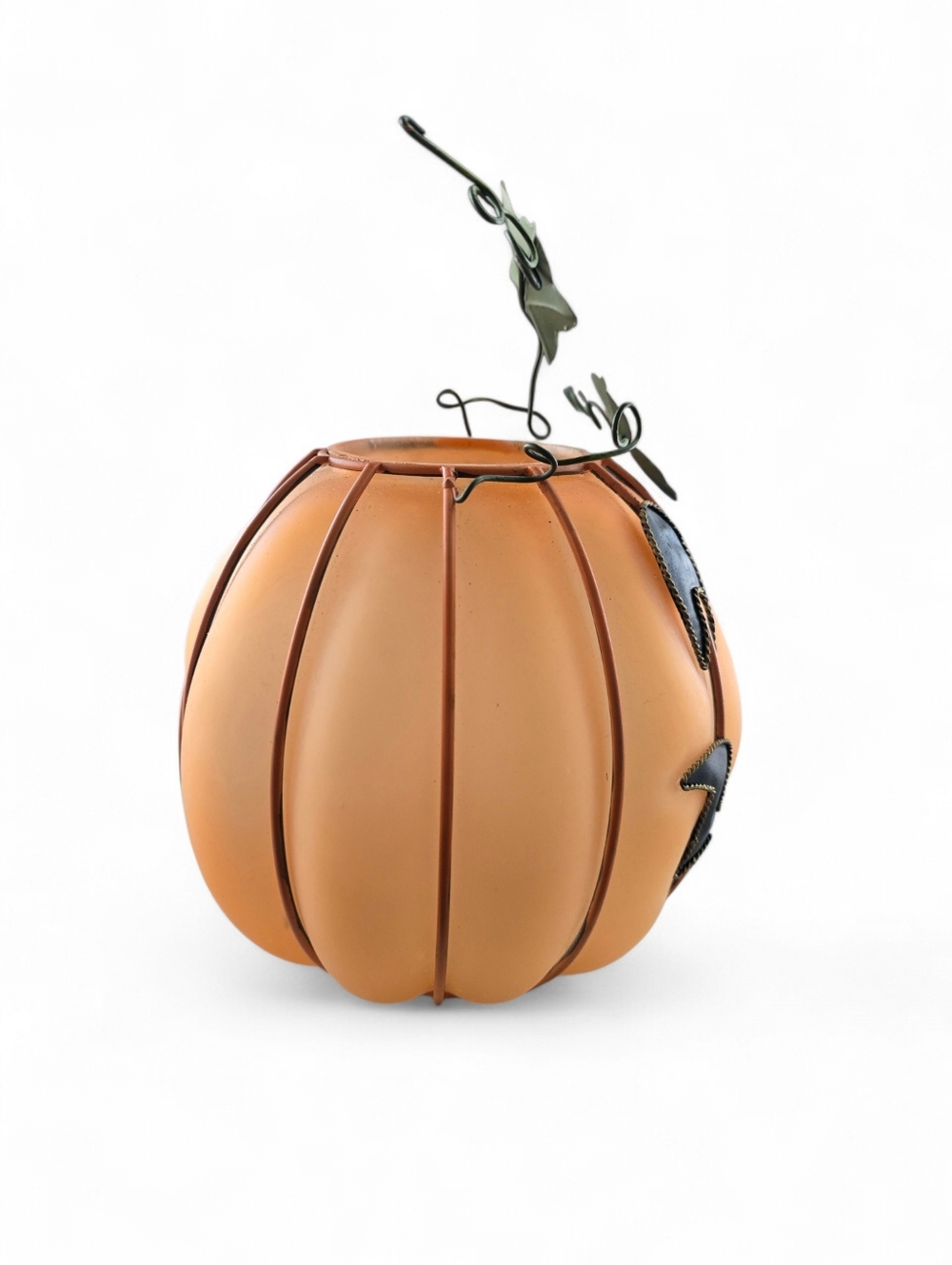 Halloween Pumpkin Candle Holder Frosted Glass Jack O Lantern Metal Vine - Picture 3 of 7